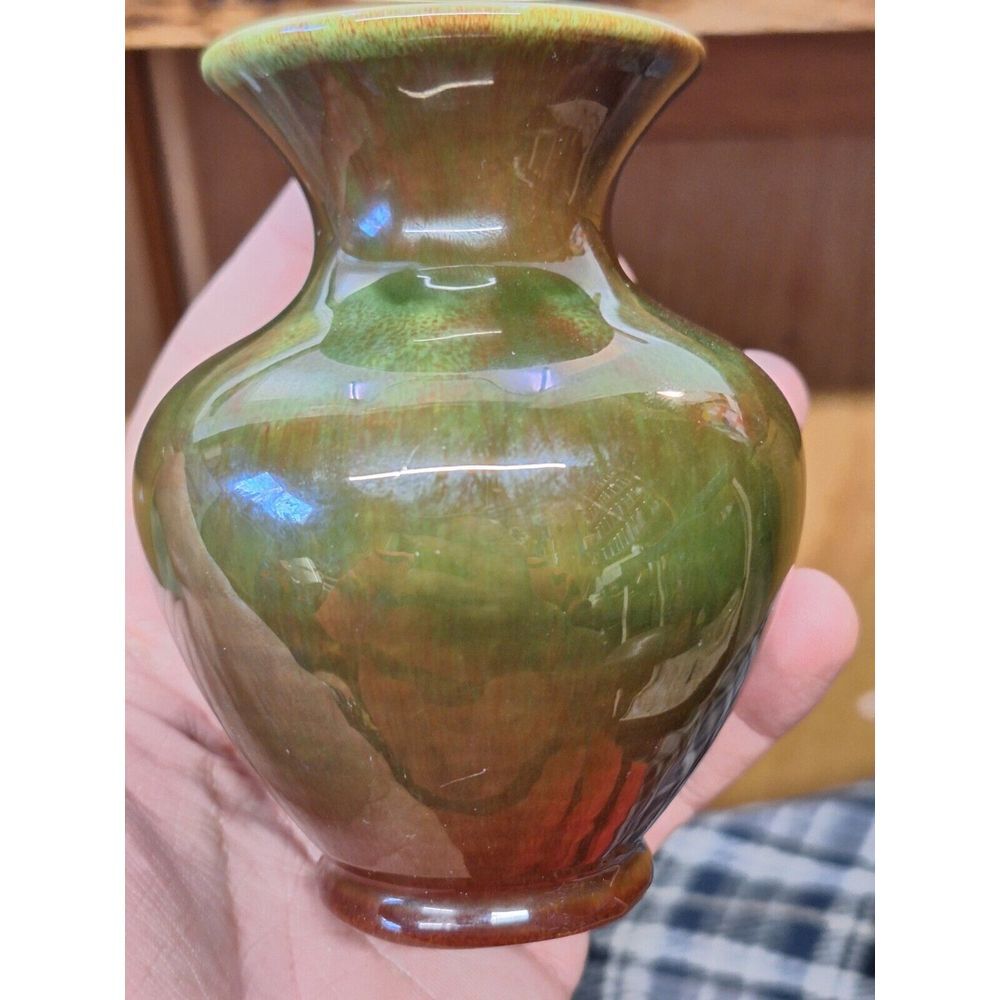 MCM Vintage chapleau Yellow Inside, Green Red Glaze Bud Vase 4" h.